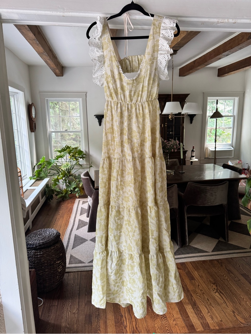 Women's Yellow Floral Maxi Dress with Eyelet Ruffle Straps